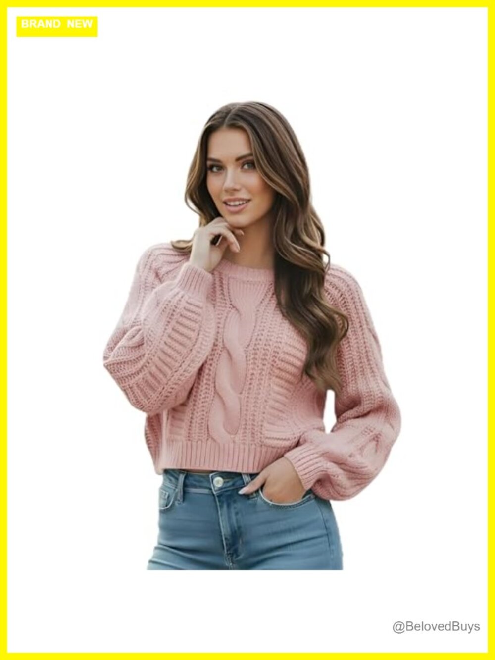Cropped Cable Knit Sweater Long Sleeve Pullover Casual Fall Winter